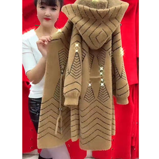 妈妈中长款 连帽 水貂绒毛衣外套女装 秋冬加厚大衣外搭洋气针织开衫