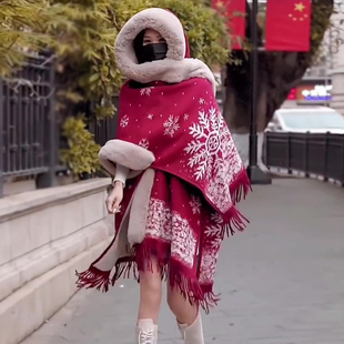 秋冬大码宽松加绒加厚雪花连帽斗篷披肩女披风外套中长款连帽开衫