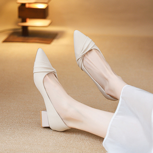 子中跟尖头浅口气质软面简约风通勤百搭单鞋 鞋 女 粗跟法式 2025新款