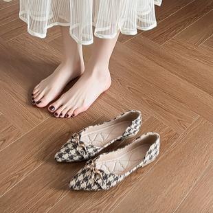 子瓢鞋 尖头舒适软底小香风格 女2025年春秋新款 千鸟格平底浅口单鞋