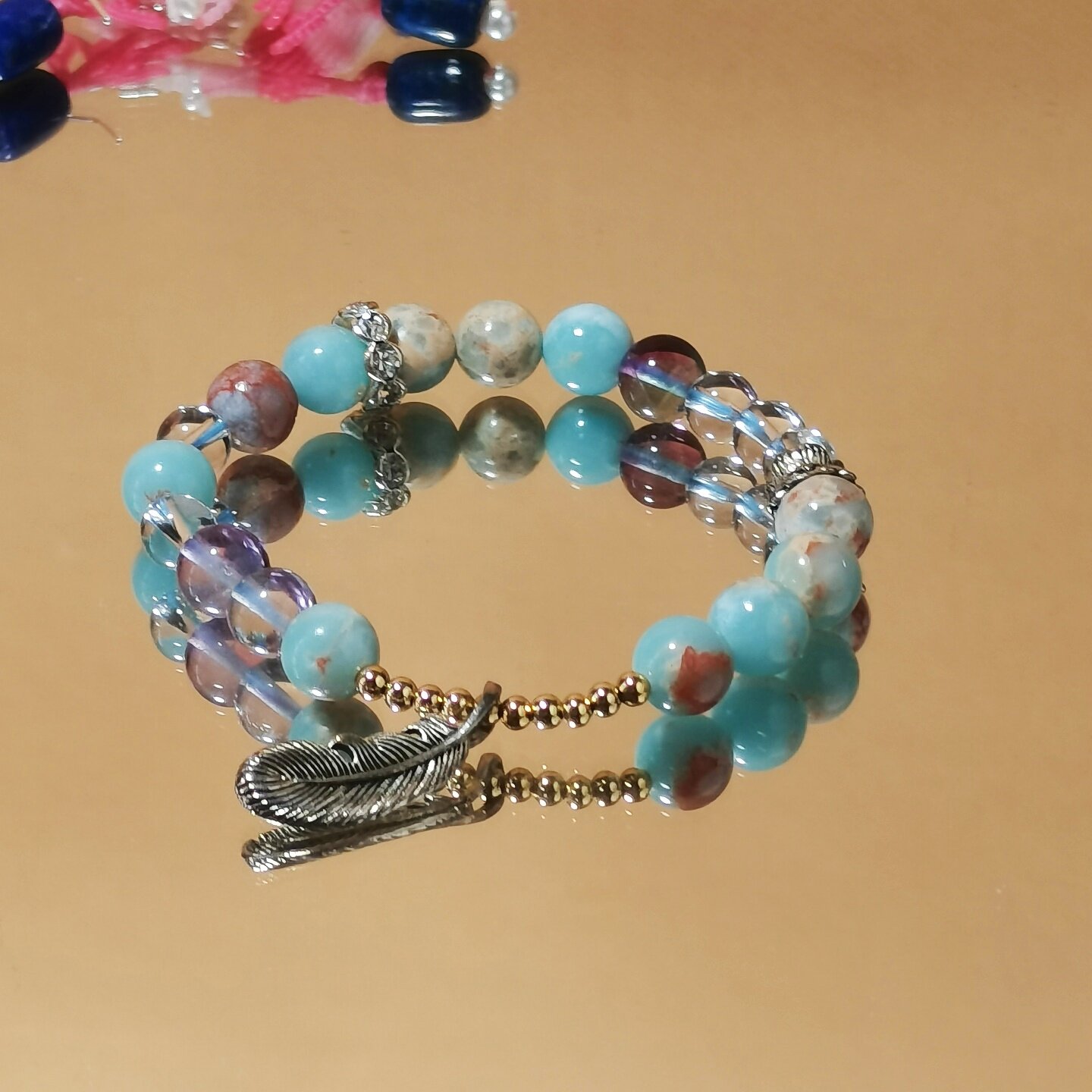 【青瑶】天然寿山石白水晶手链单圈女款混搭多宝古风银饰手串