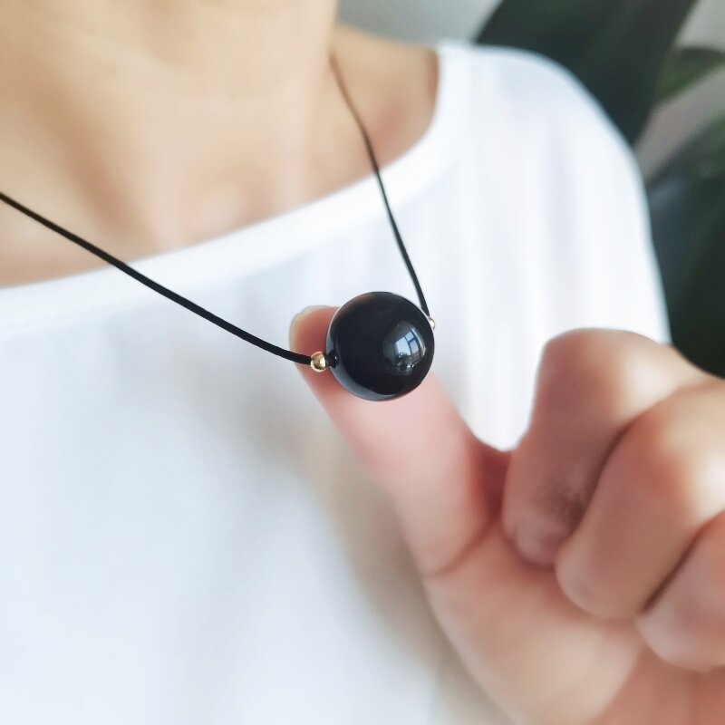 天然黑曜石圆珠吊坠桶珠锁骨项链