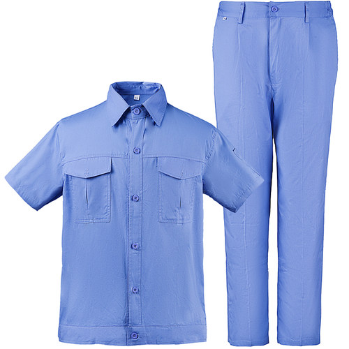 浅蓝色夏季纯棉工作服短袖套装薄