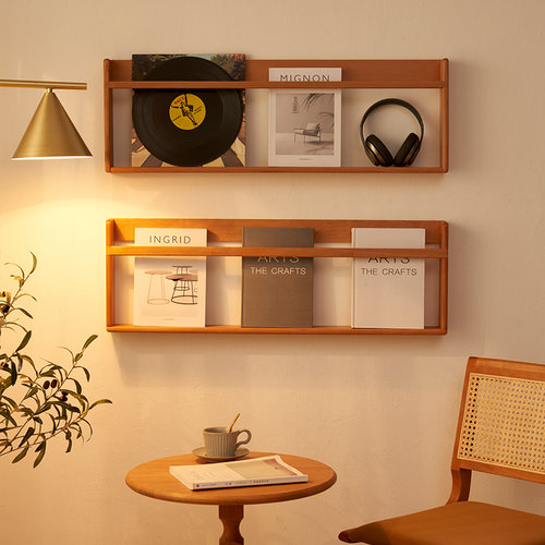 免打孔书报杂志架墙上置物樱桃木