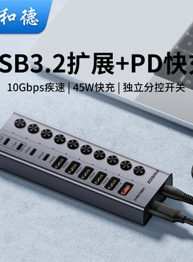 诚和德USB3.2扩展坞PD45W快充Type-C拓展坞10口独立控制HUB集线器