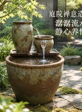 古法粗陶鸭嘴流水罐鱼缸养鱼摆件庭院民宿装饰陶罐增氧整套过滤罐