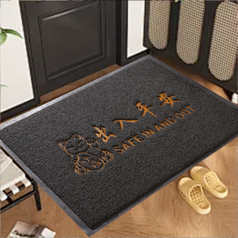 灰色招财猫出入平安户玄关地垫进门门口防滑丝圈脚垫家用加厚地垫