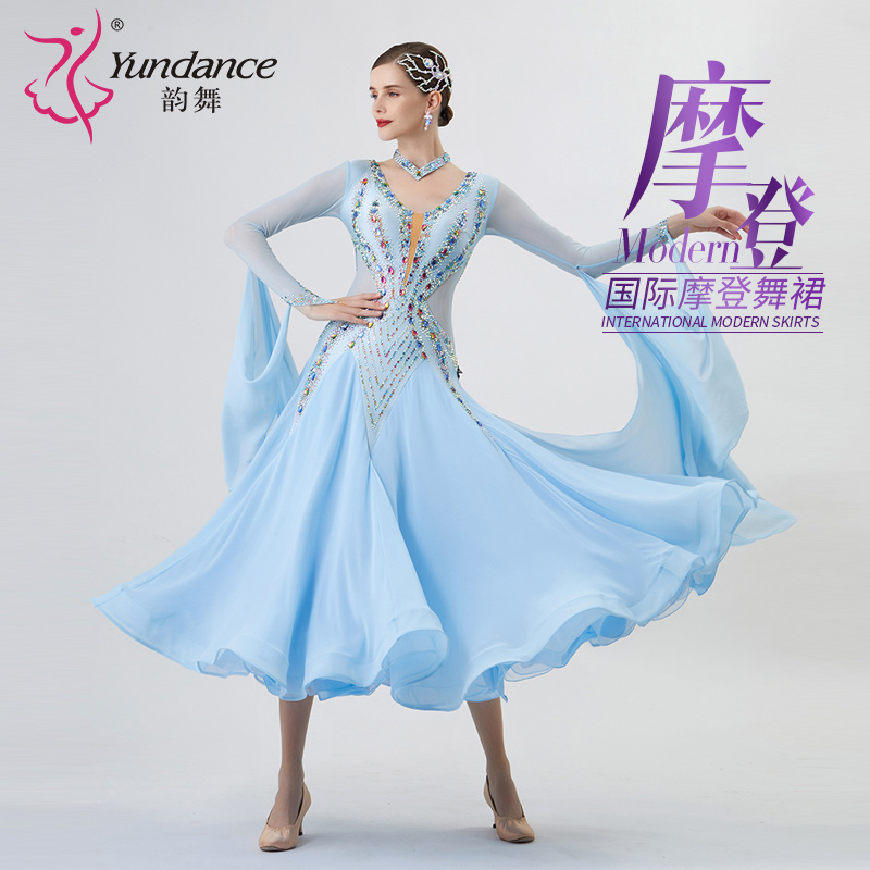 yundance韵舞新款国标摩登舞裙表演出比赛服交谊舞华尔兹舞连衣裙