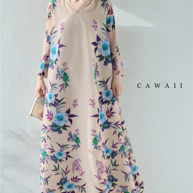 休闲时尚华丽绽放花纹连衣裙长裙