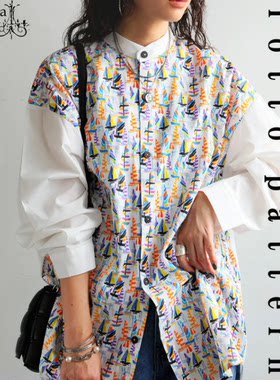 日本直邮2026秋女装代购时尚宽松拼接设计感个性帆船印花纯棉衬衫