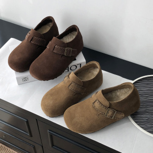 防滑保暖懒人鞋 真皮加绒羊毛勃肯鞋 休闲圆头厚底鞋 女鞋 女2025冬季