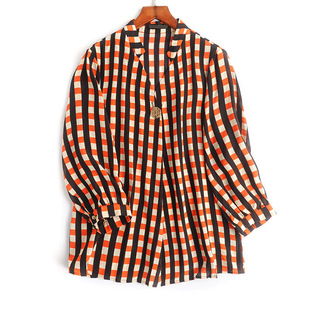 折 明星款周冬雨高端女装 拼色格子丝质7分袖宽松衬衫