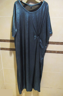 烫金闪光面料套头长款短袖湖绿色潮款宽松显瘦连衣裙