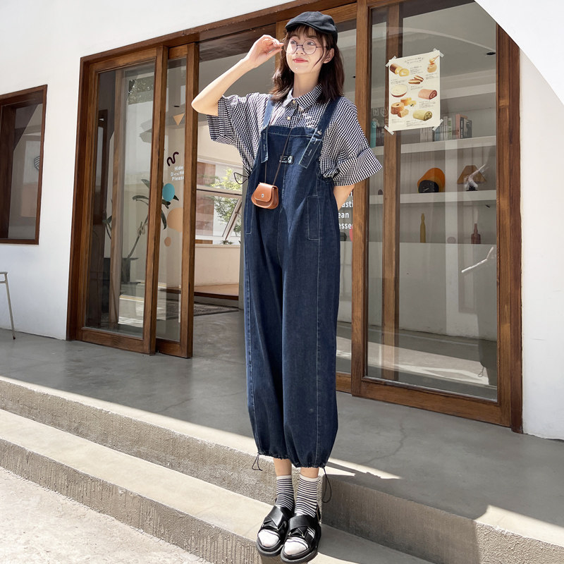 大码宽松牛仔背带裤九分裤女秋季
