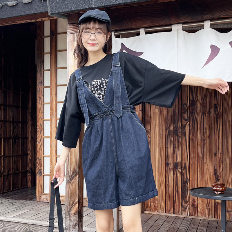 夏季短款背带裤牛仔背带短裤女夏图片
