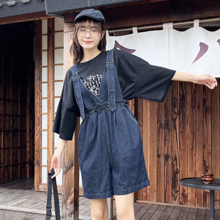 背带裤 夏季 宽松收腰显瘦减龄小个子女夏短款 牛仔背带短裤 清仓促销