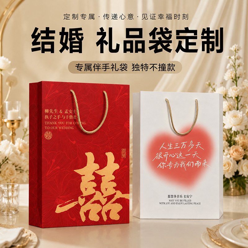 结婚伴手礼手提袋定制纸袋定做婚礼订婚回礼喜糖喜庆红色包装袋子