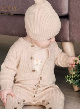 eotton秋冬线衫婴儿针织连体衣包脚带帽新生儿毛线衣宝宝彩棉衣服