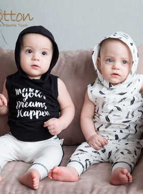 有机棉婴儿带帽套装纯棉婴儿衣服时尚洋气宝宝T恤哈伦裤春秋外出