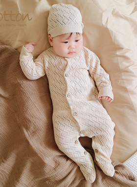 彩棉婴儿针织衫连体衣包脚春秋新款女宝宝薄款毛线包屁衣宝宝衣服