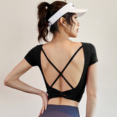 带胸垫大露背镂空透气紧身健身短袖 露脐瑜伽运动T恤 吸湿速干短裤