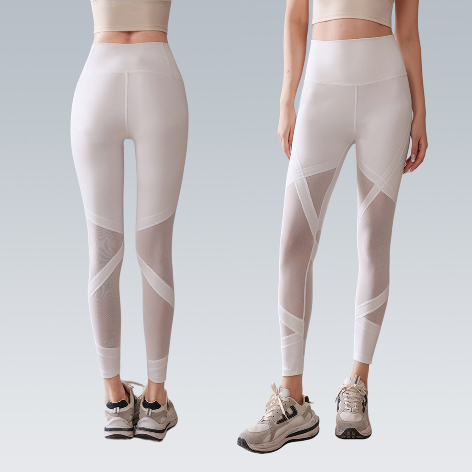 高腰收腹网纱拼接健身裤女紧身蜜桃提臀显瘦瑜伽打底裤运动长裤薄