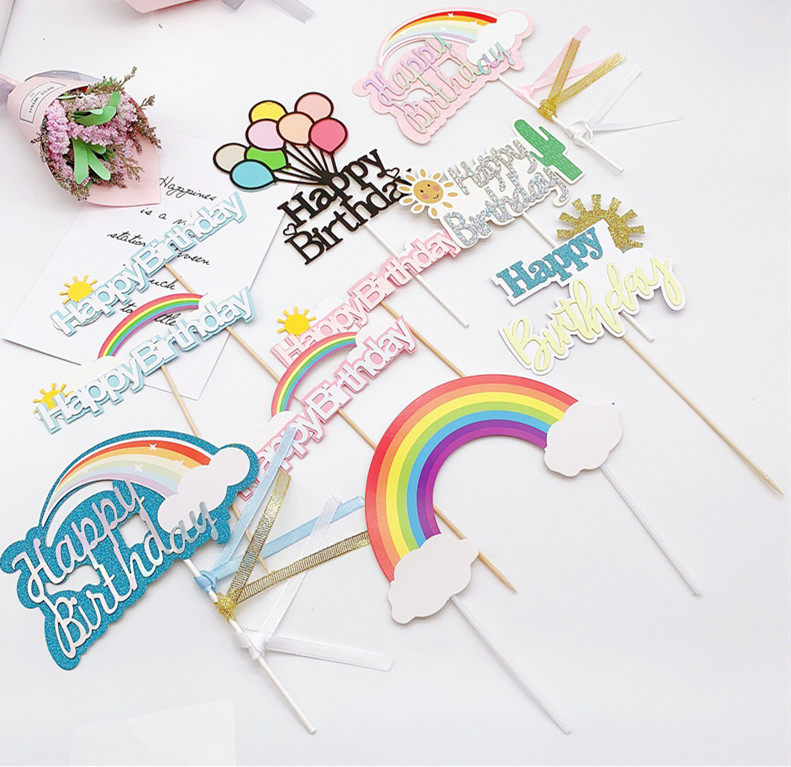 气球英文生日快乐镭射蓝色插牌