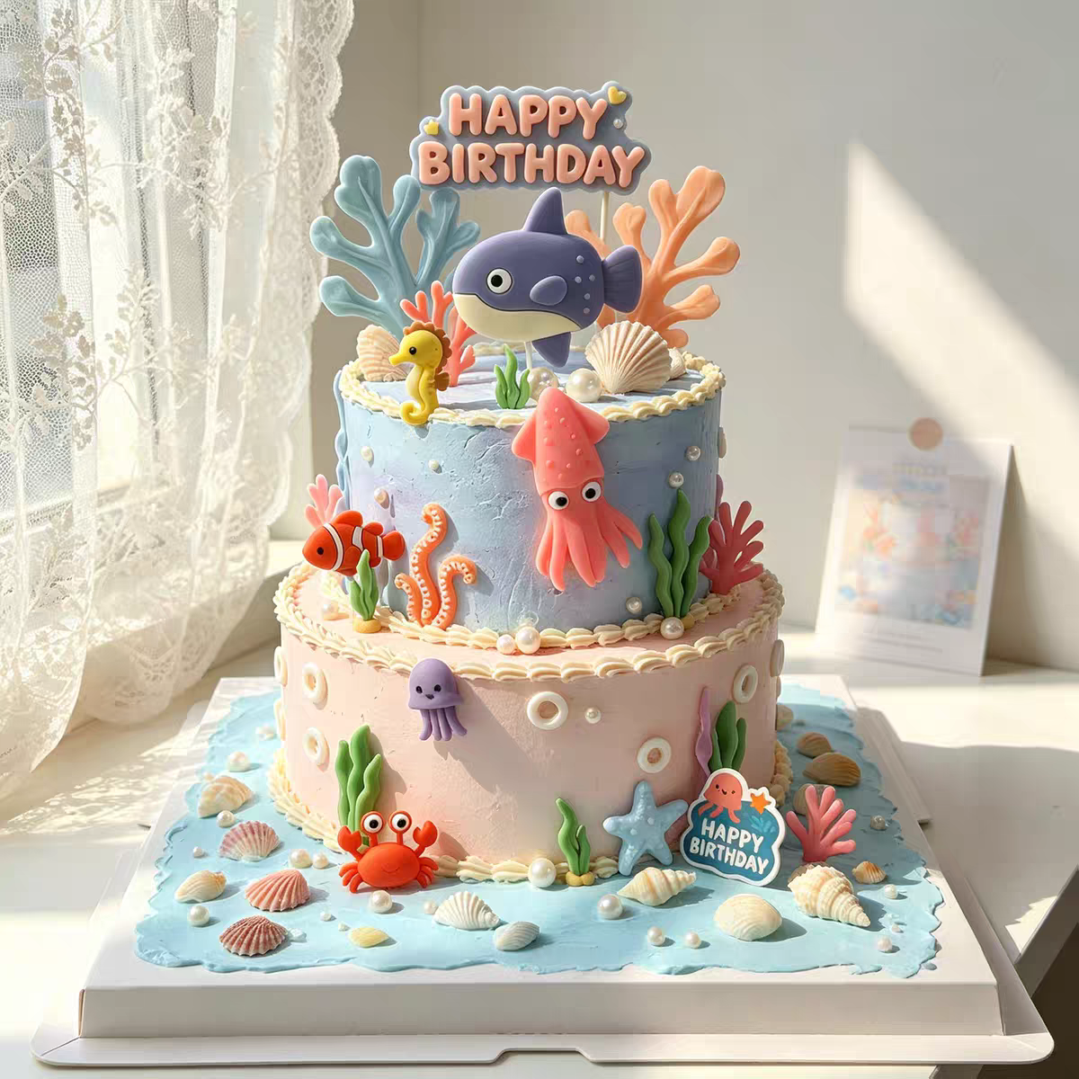 网红海洋主题生日蛋糕装饰摆件水母剑鱼翻车鱼灯笼鱼海草海星插件
