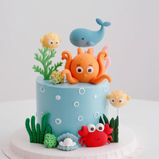 网红烘焙海洋海龟螃蟹贝壳海草海星插件生日蛋糕装饰摆件鲸鱼章鱼