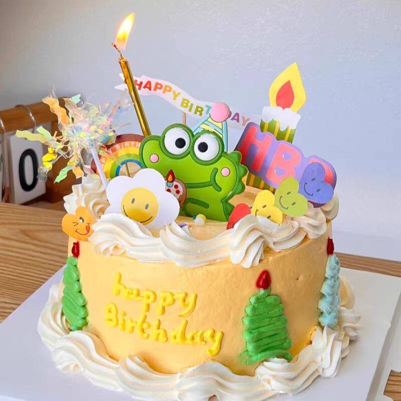 卡通ins风派对帽小恐龙儿童生日蛋糕装饰小花HBD彩色蜡烛甜品插牌