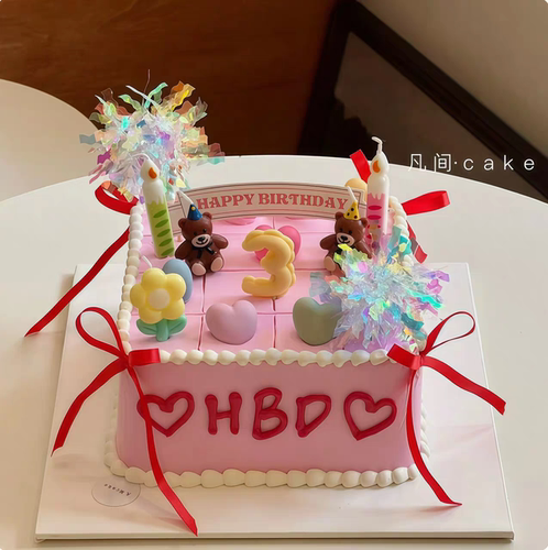 网红韩系ins复古小熊插旗镭射雨丝烘焙甜品插牌蜡烛生日蛋糕装饰
