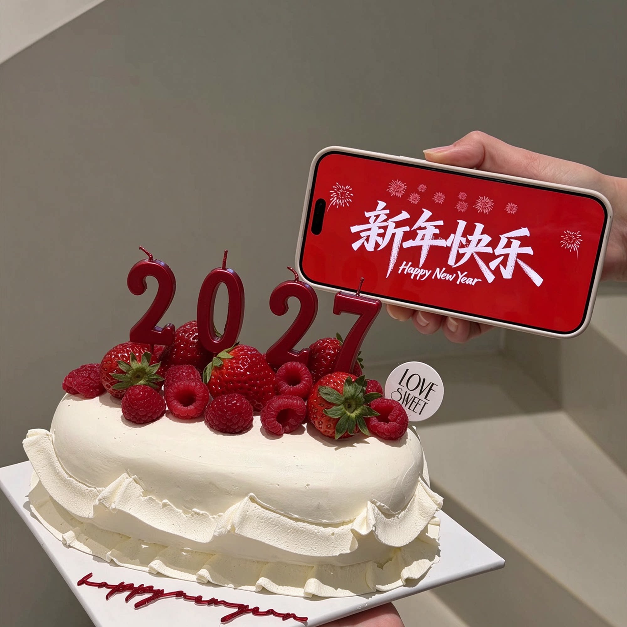 2027简约韩系跨年新年快乐新年蛋糕装饰红色数字蜡烛甜品插件配件