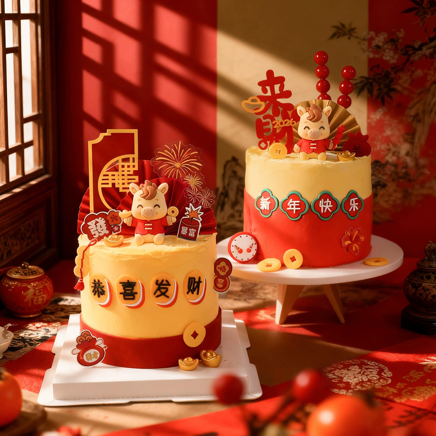 2026新春蛋糕装饰中式春节恭喜发财插牌新年快乐卡通小马玩偶摆件