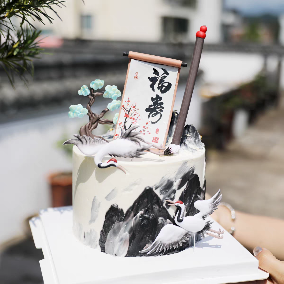国风仙鹤松树毛笔画字节日派对插卡插件烘焙蛋糕装饰福寿生日蛋糕