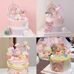 网红蛋糕装饰摆件粉色小狐狸生日甜品台插件女孩蛋糕插牌