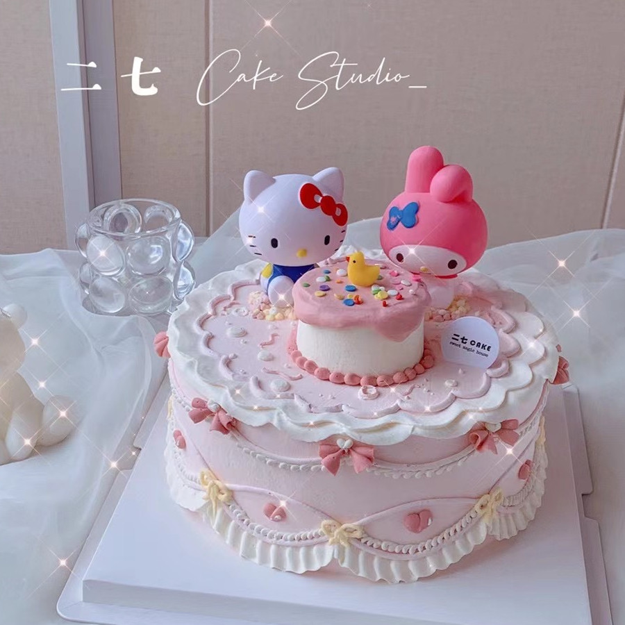 kt猫蛋糕装饰摆件 可爱卡通玩偶粉猫咪女孩生日蛋糕闺蜜可爱装扮