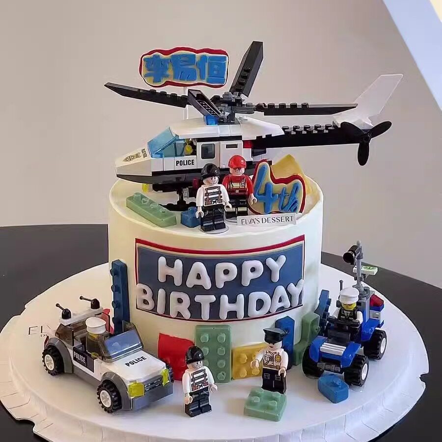 积木直升飞机蛋糕装饰摆件巡逻车警车警察人偶忍者男生生日插件