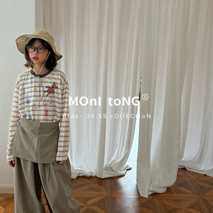 MONI 薄款印花条纹撞色领子防晒T恤/水洗棉布锥形裤围兜可脱卸