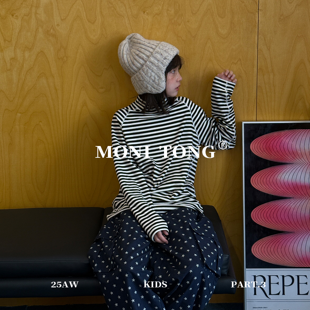 MONI 蓄热德绒半高领条纹T恤打底衫/星星磨毛口袋裤(有内衬)