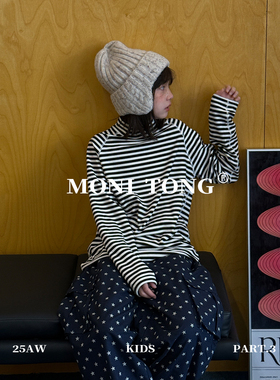 MONI 蓄热德绒半高领条纹T恤打底衫/星星磨毛口袋裤(有内衬)