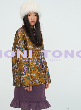 MONI 紫气东来金色浮雕花卉中式唐装拜年服(绗棉)/麂皮绒花边短裙