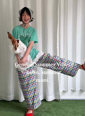 MONI 薄荷色印花宽松薄款T恤/彩色格子阔腿裤