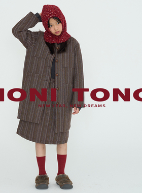 MONI 彩色竖条纹毛呢绗棉套装 小香风长款外套/A字小短裙