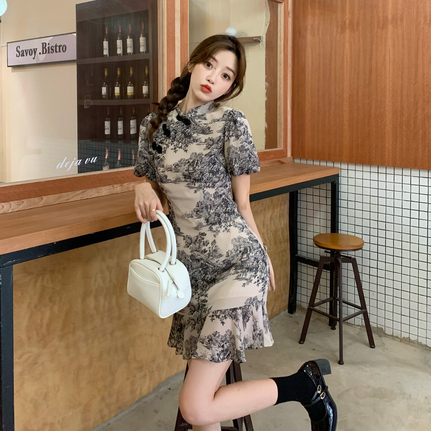 Real shot real price ~ Guofeng improved version temperament waist show thin floral dress women's ink painting skirt