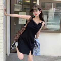 Real price ~ dislocation design feeling black suit suspender skirt women's care machine split A-line skirt