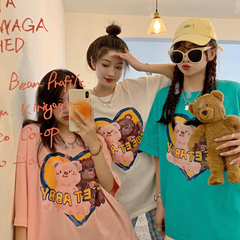 實拍實價~ 韓版寬鬆小熊印花短袖T恤女夏季湖綠色上衣潮