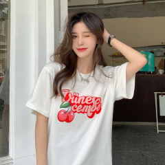Real price sweet fruit print short sleeve T-shirt women's loose girl round neck top