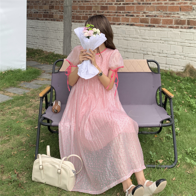 Real shot real price ~ pink bubble sleeve dress women's design feeling big swing over the knee long skirt romantic princess skirt