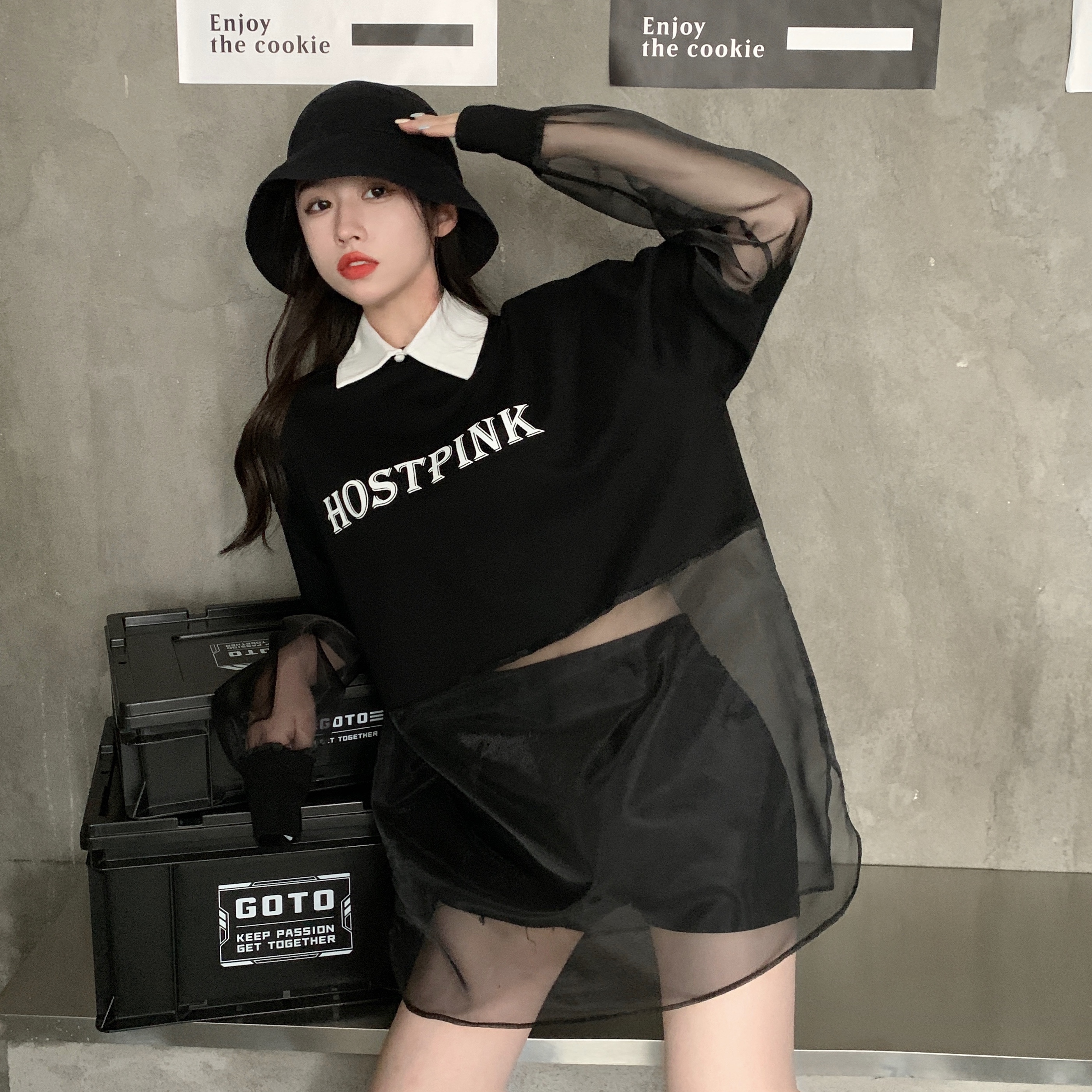 Real price ~ dark design sense mesh stitching T-shirt women's loose semi perspective long sleeve sunscreen shirt