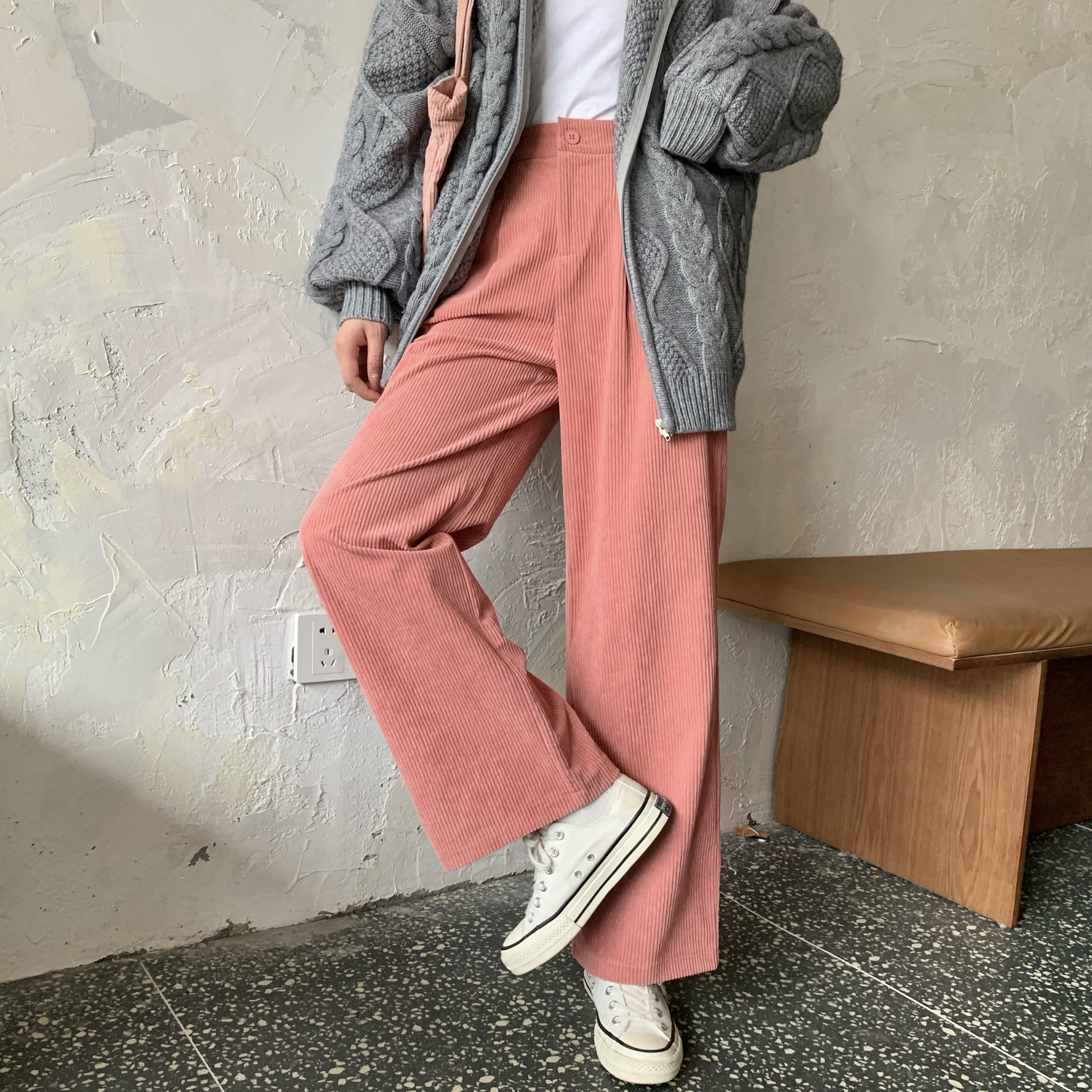 Real shot real price ~ Korean version of loose and versatile slim high waist corduroy tube wide leg pants floor length pants